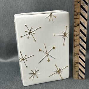Vintage MCM Ceramic Vase White Gold Starburst Snowflake Christmas Tower Decor